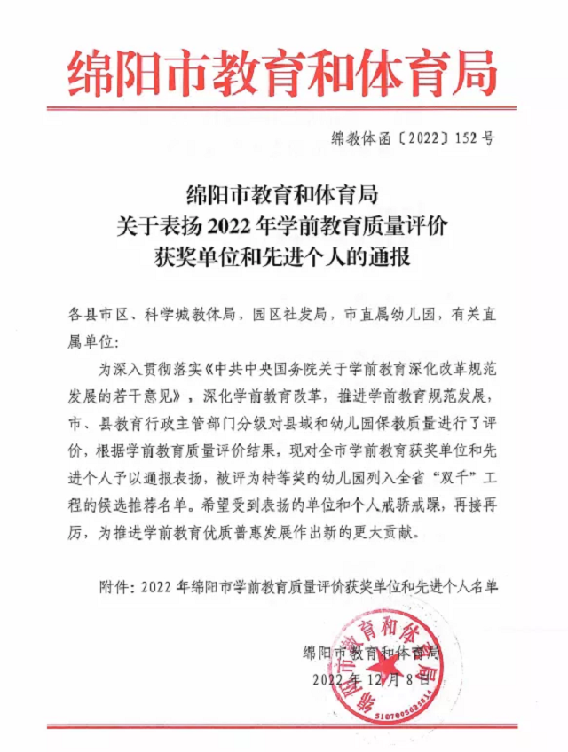 【喜报】热烈祝贺科学城春蕾学校幼托中心荣获2022年绵阳市学前教育质量评价奖(图1)